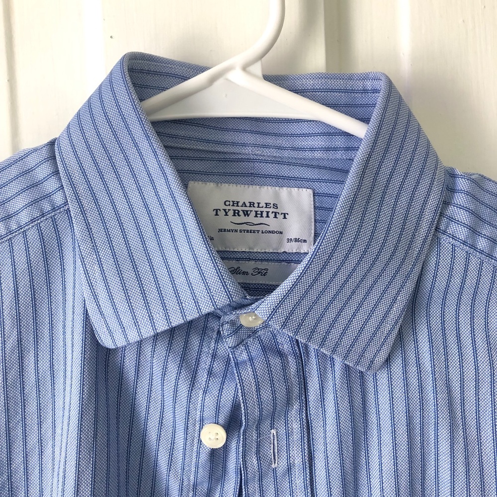 Charles Tyrwhitt Dress Shirt 15.5/34” Slim Fit Blue Striped Twill Weave Non-Iron